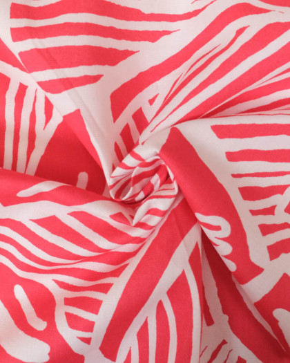 Satin de Coton Stretch Rouge Vif Motif Feuillage - Mercerine