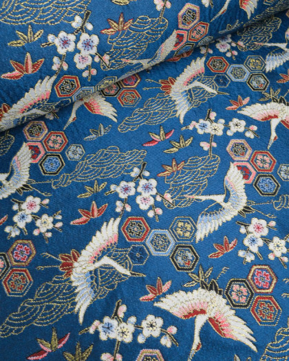 Tissu Jacquard Ameublement Tissé En France Grues Bleu - Mercerine