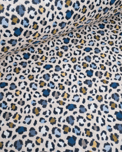 Tissu Jacquard Ameublement Léopard Bleu et Jaune Tissé En France - Mercerine