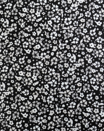 Viscose Sanforisée Noire Motif Fleuri Gris - Mercerine