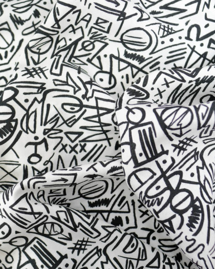 Viscose Sanforisée Motif Graphique Noir Fond Blanc - Mercerine