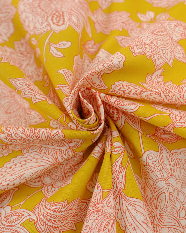 Cretonne de Coton Moutarde Motif Floral Baroque - Mercerine