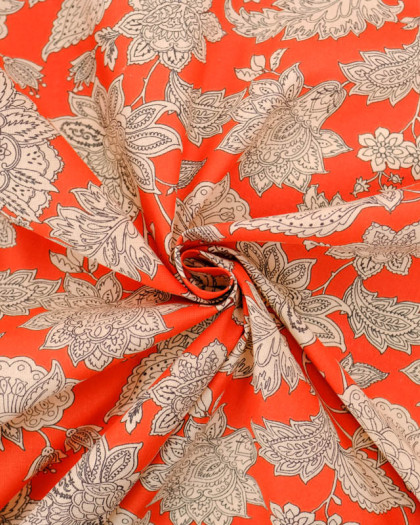 Cretonne de Coton Orange Sanguine Motif Floral Baroque - Mercerine