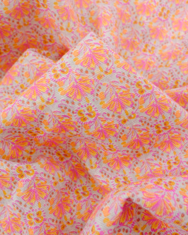 Tissu Coton Gaufré léger Motif Floral Rose et Orange - Mercerine