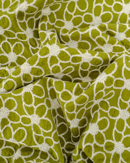 Tissu Coton Kaki Motif Fleuri Ecru Brodé - Mercerine