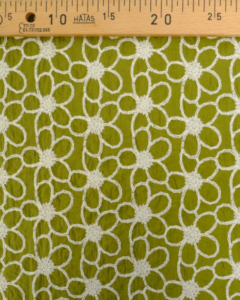 Tissu Coton Kaki Motif Fleuri Ecru Brodé - Mercerine
