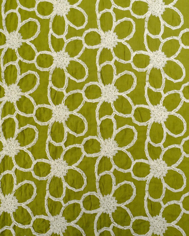 Tissu Coton Kaki Motif Fleuri Ecru Brodé - Mercerine