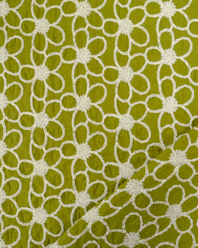 Tissu Coton Kaki Motif Fleuri Ecru Brodé - Mercerine