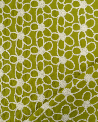 Tissu Coton Kaki Motif Fleuri Ecru Brodé - Mercerine