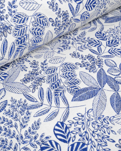 Tissu Jacquard Ameublement Tissé En France Feuillage Bleu - Mercerine