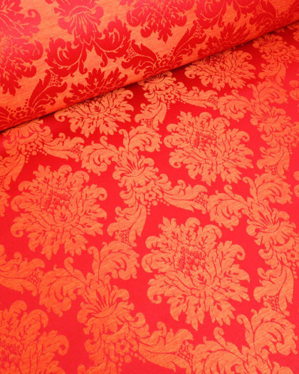 Tissu Jacquard Motif Baroque Reflets Satinés Rouge Orange - Mercerine
