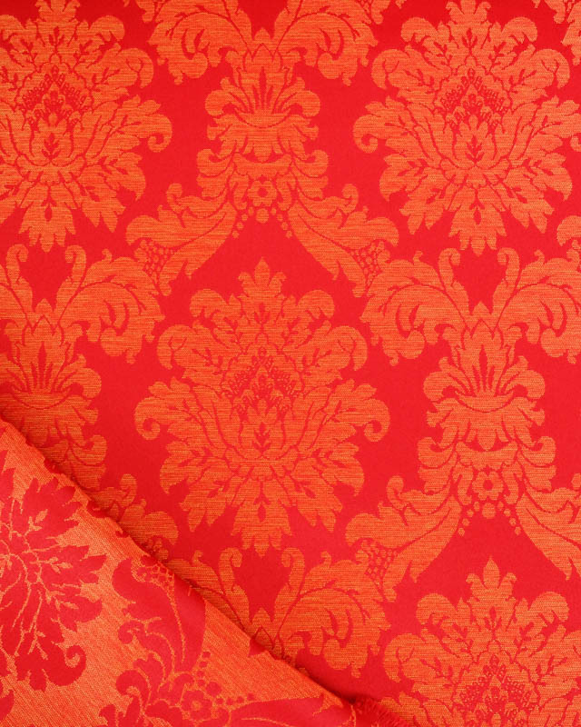 Tissu Jacquard Motif Baroque Reflets Satinés Rouge Orange - Mercerine