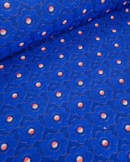 Tissu Jacquard Tissé En France Bleu Marine Fleurs - Mercerine