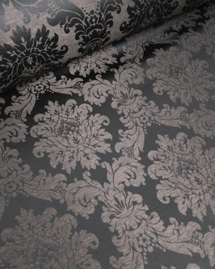 Tissu Jacquard Motif Boroque Reflet Satiné Charcoal - Mercerine