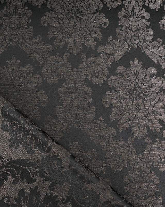 Tissu Jacquard Motif Boroque Reflet Satiné Noir Taupe  - Mercerine