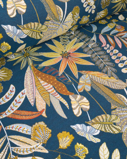 Tissu Jacquard Ameublement Tissé en France Jouvence Pétrole - Mercerine