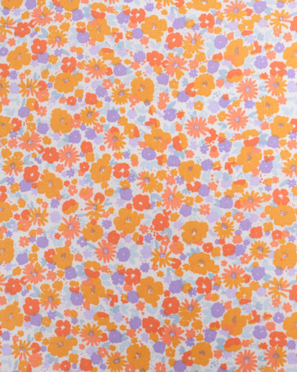 Tissu Coton Ecru Motif Fleuri Orange et Violet - Mercerine