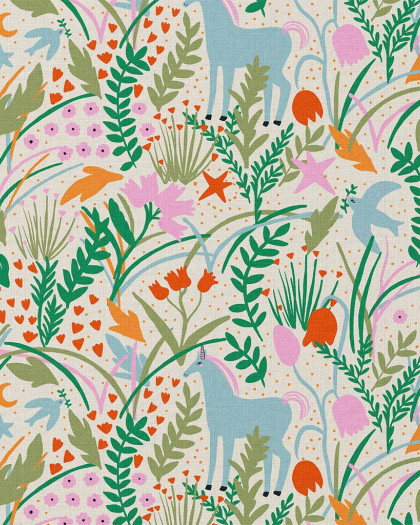 Tissu Coton Ecru Motif Multicolore Forêt Enchantée - Mercerine