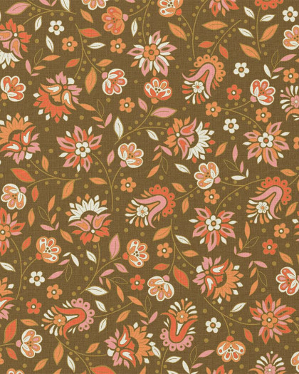 Tissu Coton Imprimé Kaki Motif Fleuri Orange - Mercerine