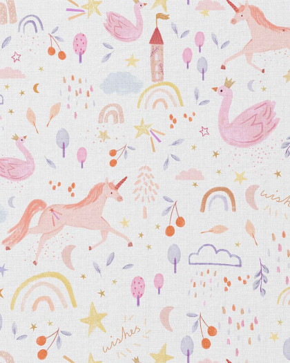 Tissu Coton  Ecru Motif Féerique Licorne - Mercerine
