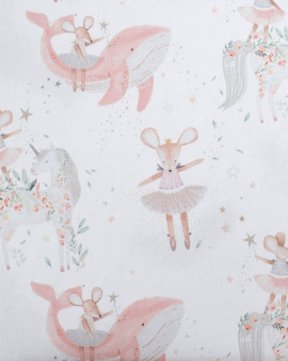 Tissu Coton Imprimé Numérique Ecru Souris et Licorne - Mercerine