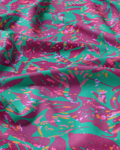 Tissu Viscose Bleu Vert Motif Floral Rose - Mercerine