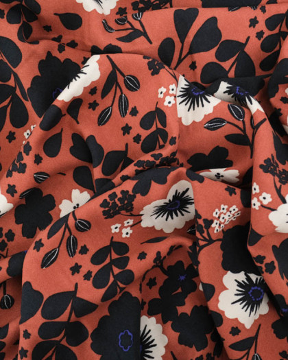 Tissu Viscose Terracotta Fleuri Noir - Mercerine