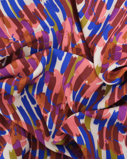 Tissu Viscose Rayures Bleu Roi et Fleuri Marsala  - Mercerine