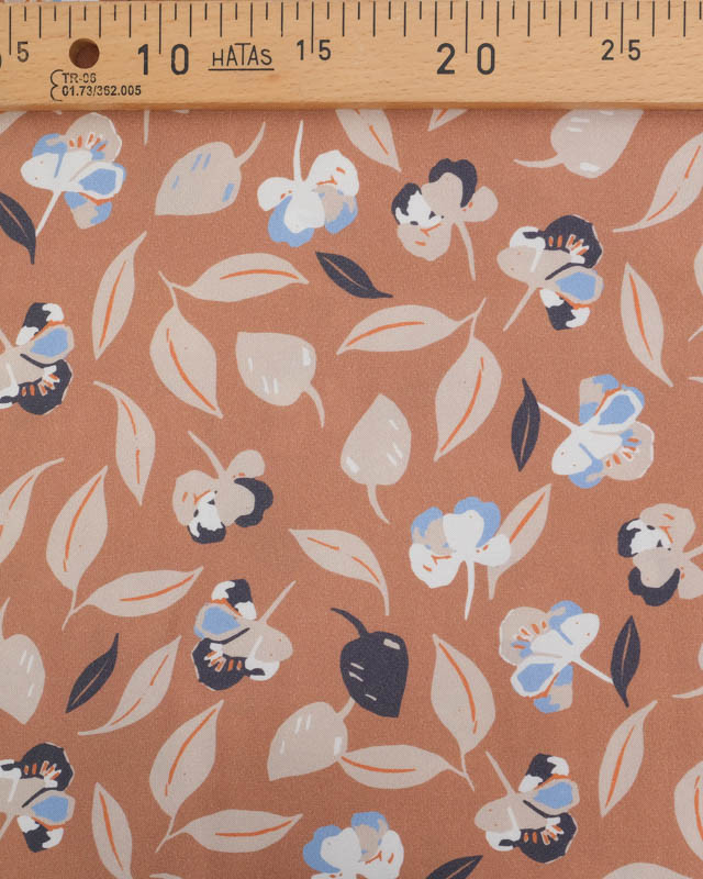 Tissu Viscose Praline Motif Fleuri Beige et Bleu - Mercerine
