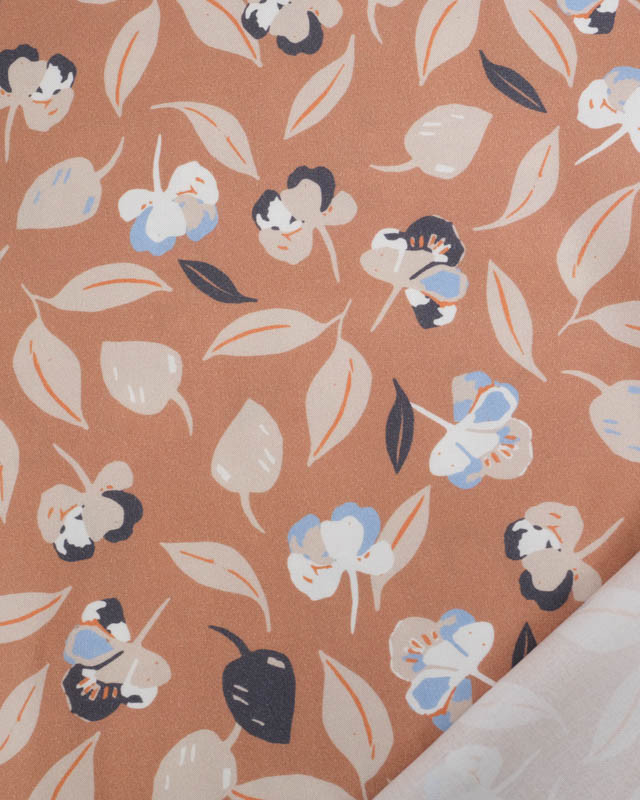Tissu Viscose Praline Motif Fleuri Beige et Bleu - Mercerine