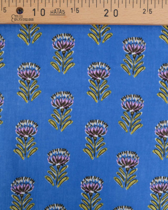 Tissu Double Gaze Bleu Motif Fleuri Vert et Parme - Mercerine
