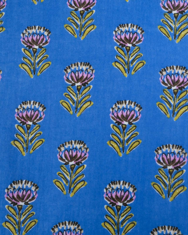 Tissu Double Gaze Bleu Motif Fleuri Vert et Parme - Mercerine