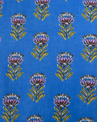 Tissu Double Gaze Bleu Motif Fleuri Vert et Parme - Mercerine
