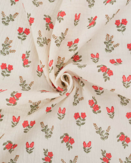 Tissu Double Gaze Ecrue Petite Fleur Rouge - Mercerine