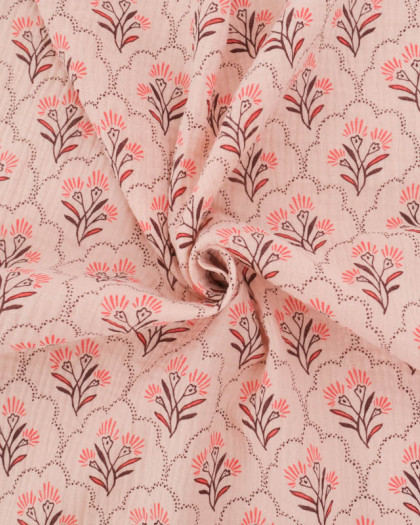 Tissu Double Gaze Nude Motif Floral Corail - Mercerine