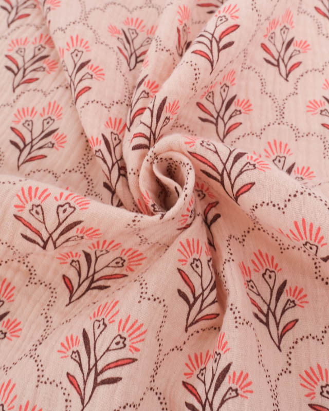 Tissu Double Gaze Nude Motif Floral Corail - Mercerine