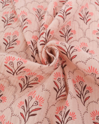 Tissu Double Gaze Nude Motif Floral Corail - Mercerine