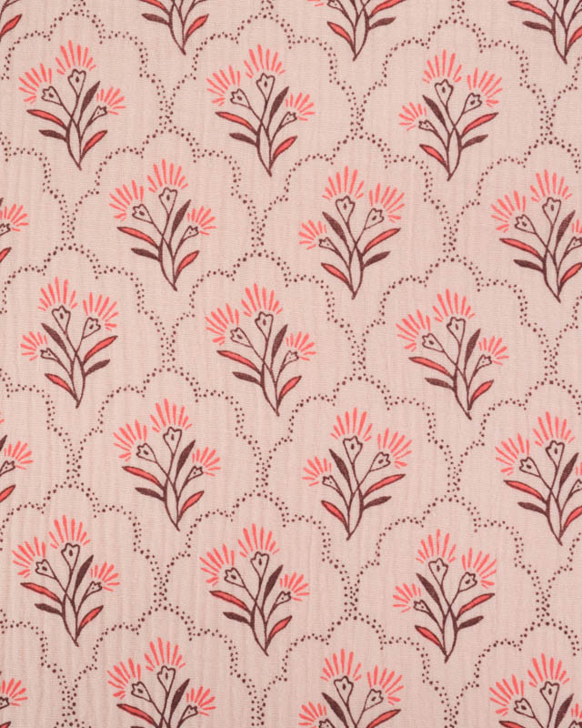 Tissu Double Gaze Nude Motif Floral Corail - Mercerine