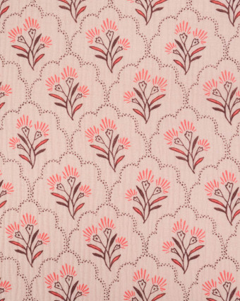 Tissu Double Gaze Nude Motif Floral Corail - Mercerine