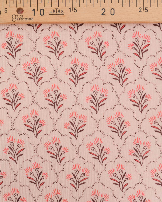 Tissu Double Gaze Nude Motif Floral Corail - Mercerine