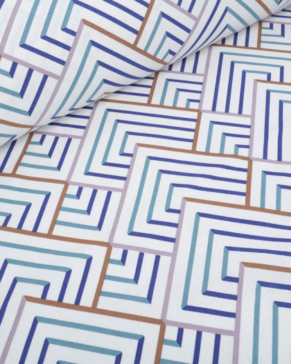 Tissu Demi Natte Ecru Motif Géométrique Bleu et Marron - Mercerine