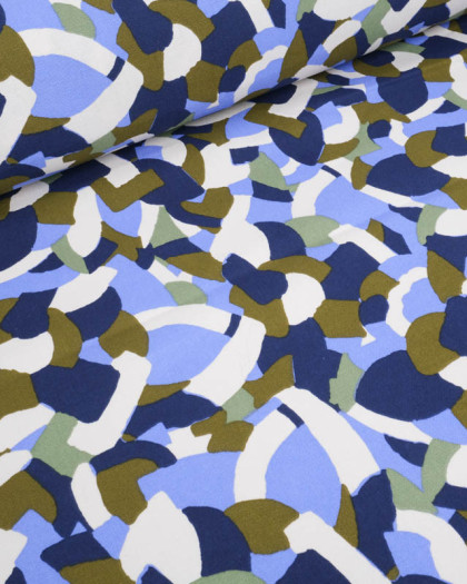 Tissu Demi Natte Motif Abstrait Bleu et Kaki - Mercerine