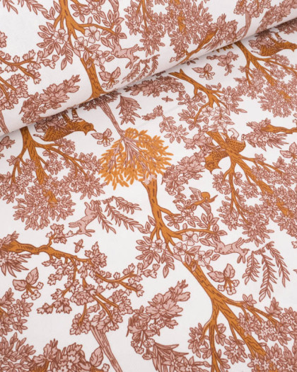 Tissu Demi Natte Ecru Motif Forêt Enchantée Caramel et Marsala - Mercerine
