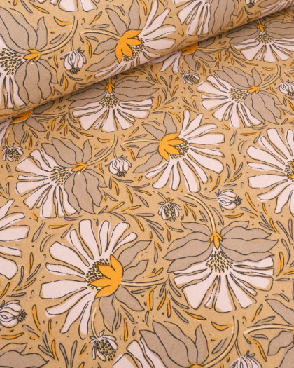 Tissu Demi Natte Camel Motif Fleuri Rose Doux - Mercerine