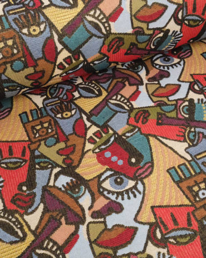 Tissu Jacquard Ameublement Motif Cubiste Visages Multicolore - Mercerine