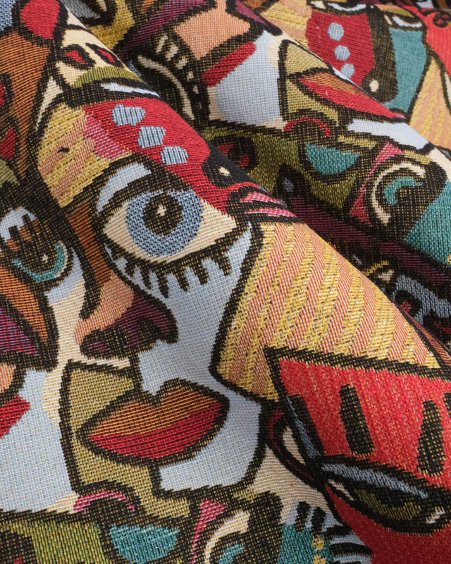 Tissu Jacquard Ameublement Motif Cubiste Visages Multicolore - Mercerine