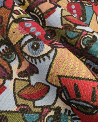 Tissu Jacquard Ameublement Motif Cubiste Visages Multicolore - Mercerine