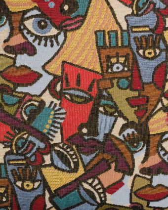 Tissu Jacquard Ameublement Motif Cubiste Visages Multicolore - Mercerine