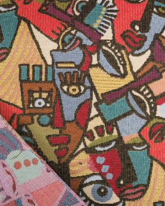 Tissu Jacquard Ameublement Motif Cubiste Visages Multicolore - Mercerine