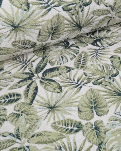 Tissu Jacquard Ameublement Ecru Motif Feuillage Vert - Mercerine